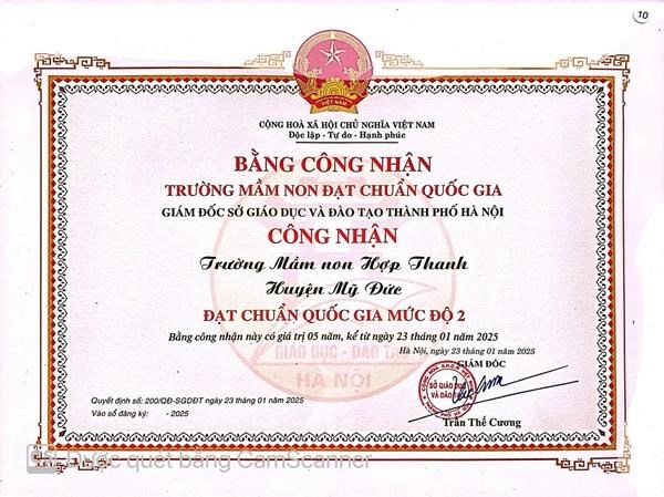 TRƯỜNG MẦM NON HỢP THANH VINH DỰ ĐÓN NHẬN BẰNG CÔNG NHẬN TRƯỜNG ĐẠT CHUẨN QUỐC GIA MỨC ĐỘ 2